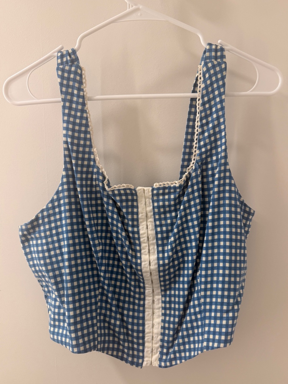 Blue Gingham Corset with White LaceTrim